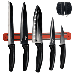 Kitchen Knife Set Kit | Red Magnetic Rack & Portable Sharpener
