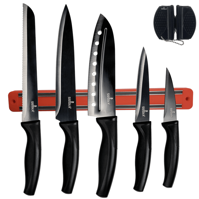 Kitchen Knife Set Kit | Red Magnetic Rack & Portable Sharpener